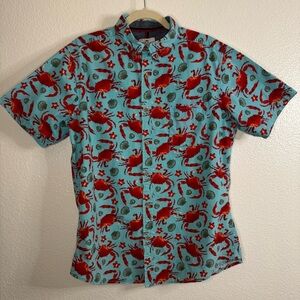 Ditch Plains Blue and Red Crab Print Button Down Shirt Size Large.